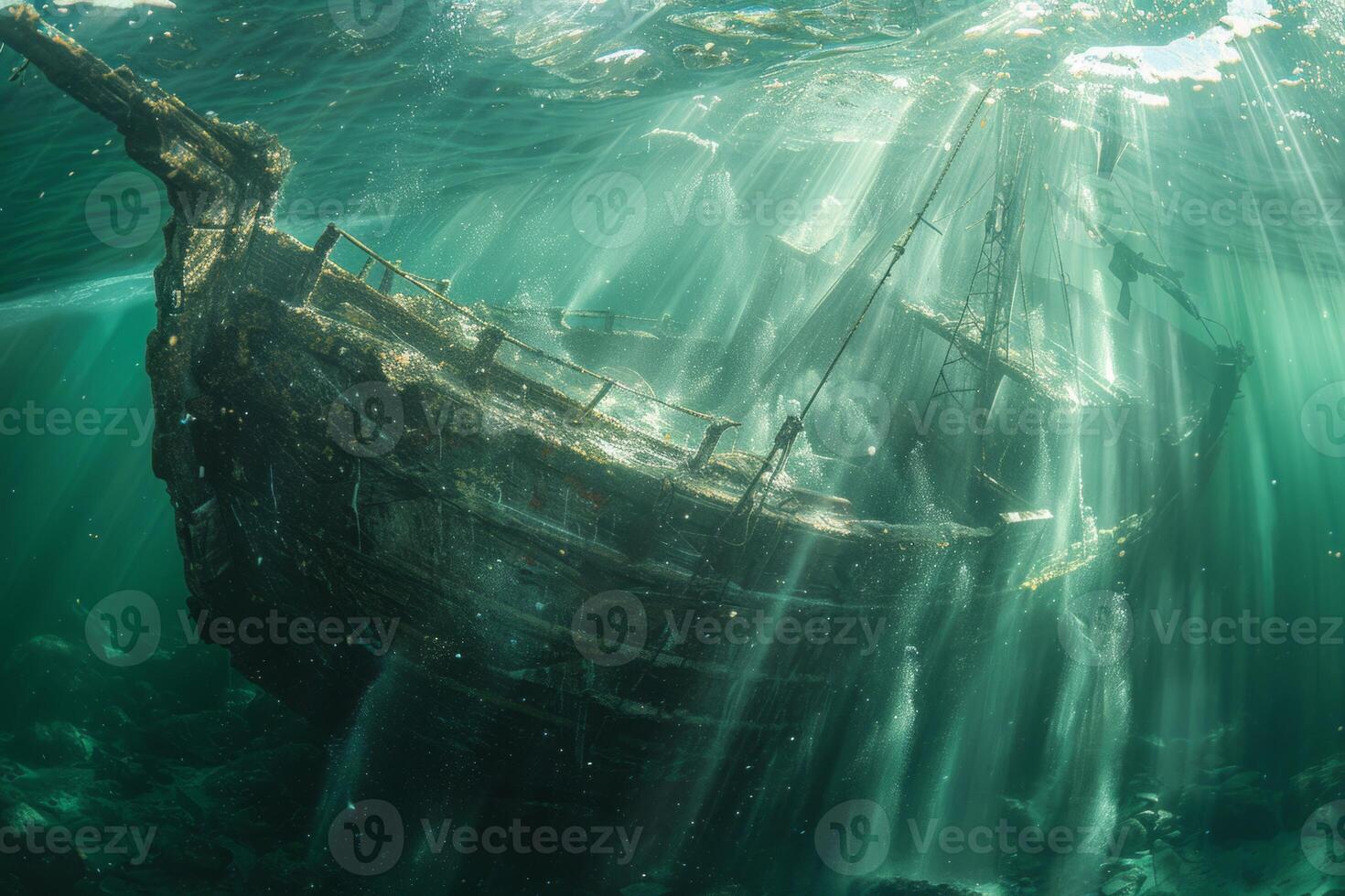 A shipwreck is seen in the ocean with a lot of debris and fish swimming around it. Scene is eerie and mysterious, as the ship is long gone and the ocean is filled with life photo
