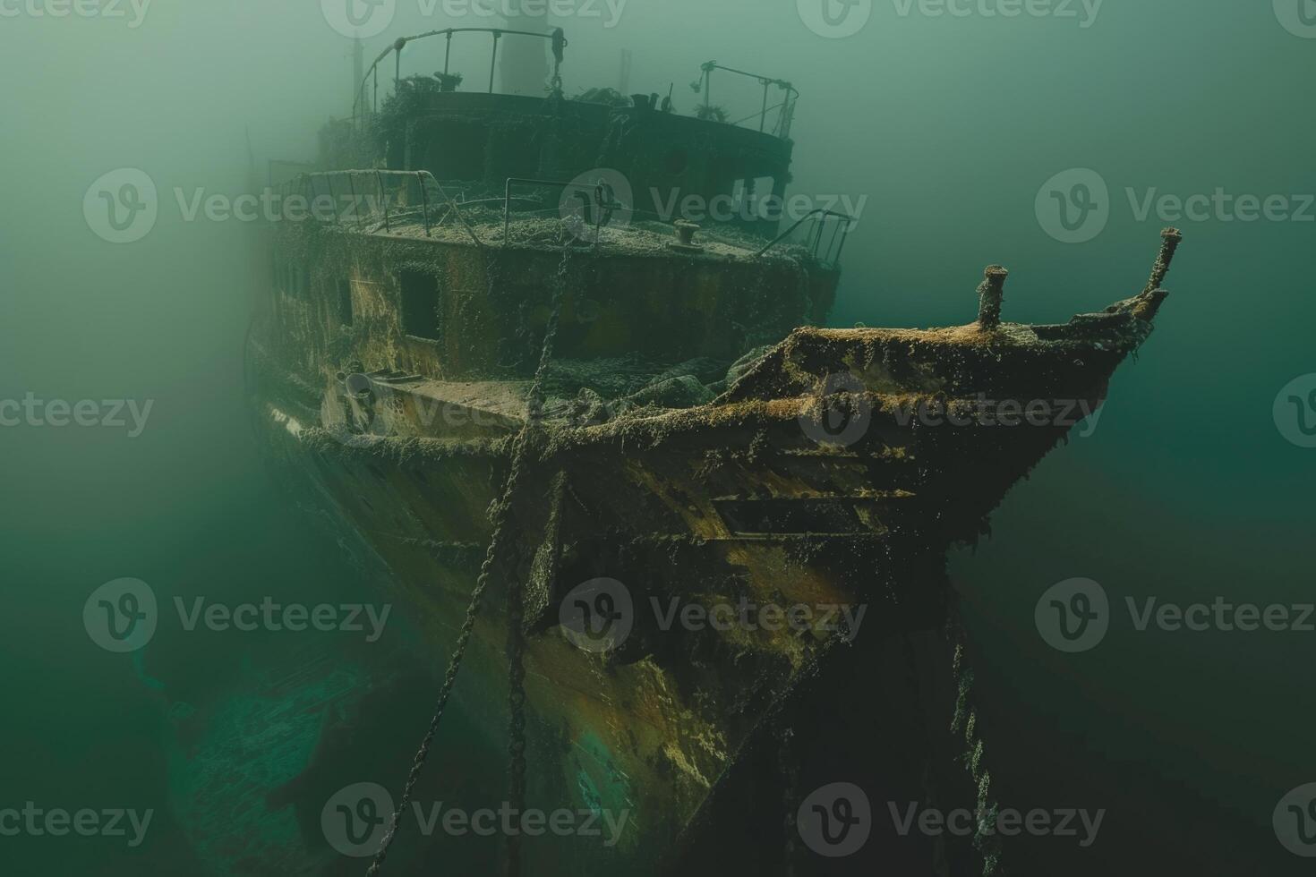 A shipwreck is seen in the ocean with a lot of debris and fish swimming around it. Scene is eerie and mysterious, as the ship is long gone and the ocean is filled with life photo