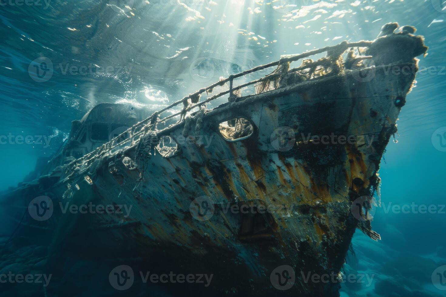 A shipwreck is seen in the ocean with a lot of debris and fish swimming around it. Scene is eerie and mysterious, as the ship is long gone and the ocean is filled with life photo