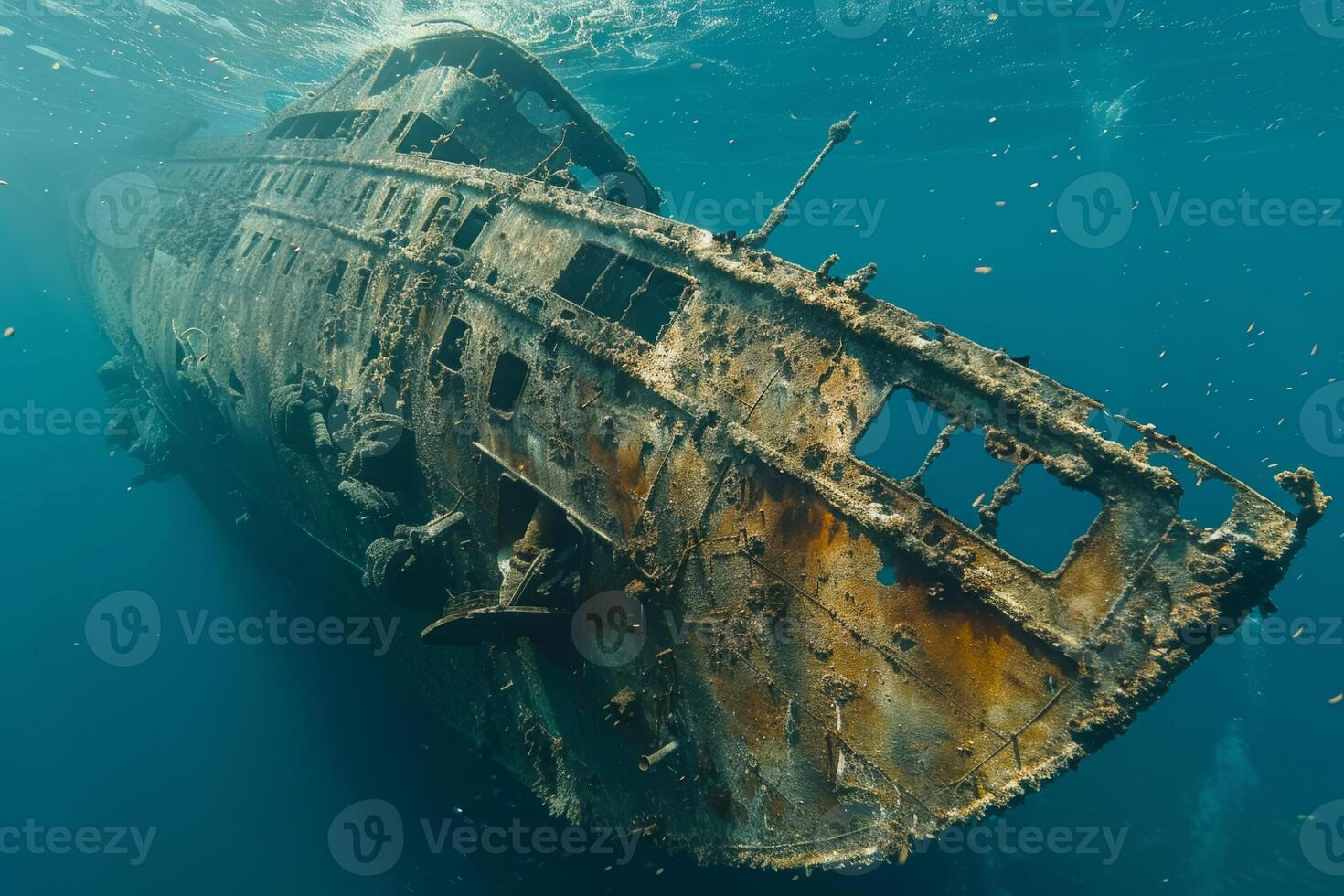 A shipwreck is seen in the ocean with a lot of debris and fish swimming around it. Scene is eerie and mysterious, as the ship is long gone and the ocean is filled with life photo