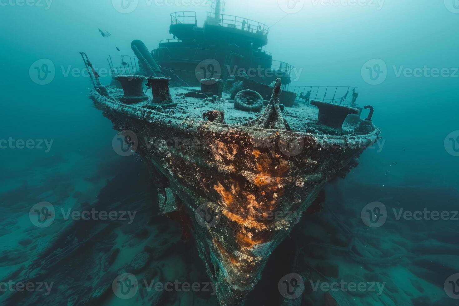 A shipwreck is seen in the ocean with a lot of debris and fish swimming around it. Scene is eerie and mysterious, as the ship is long gone and the ocean is filled with life photo