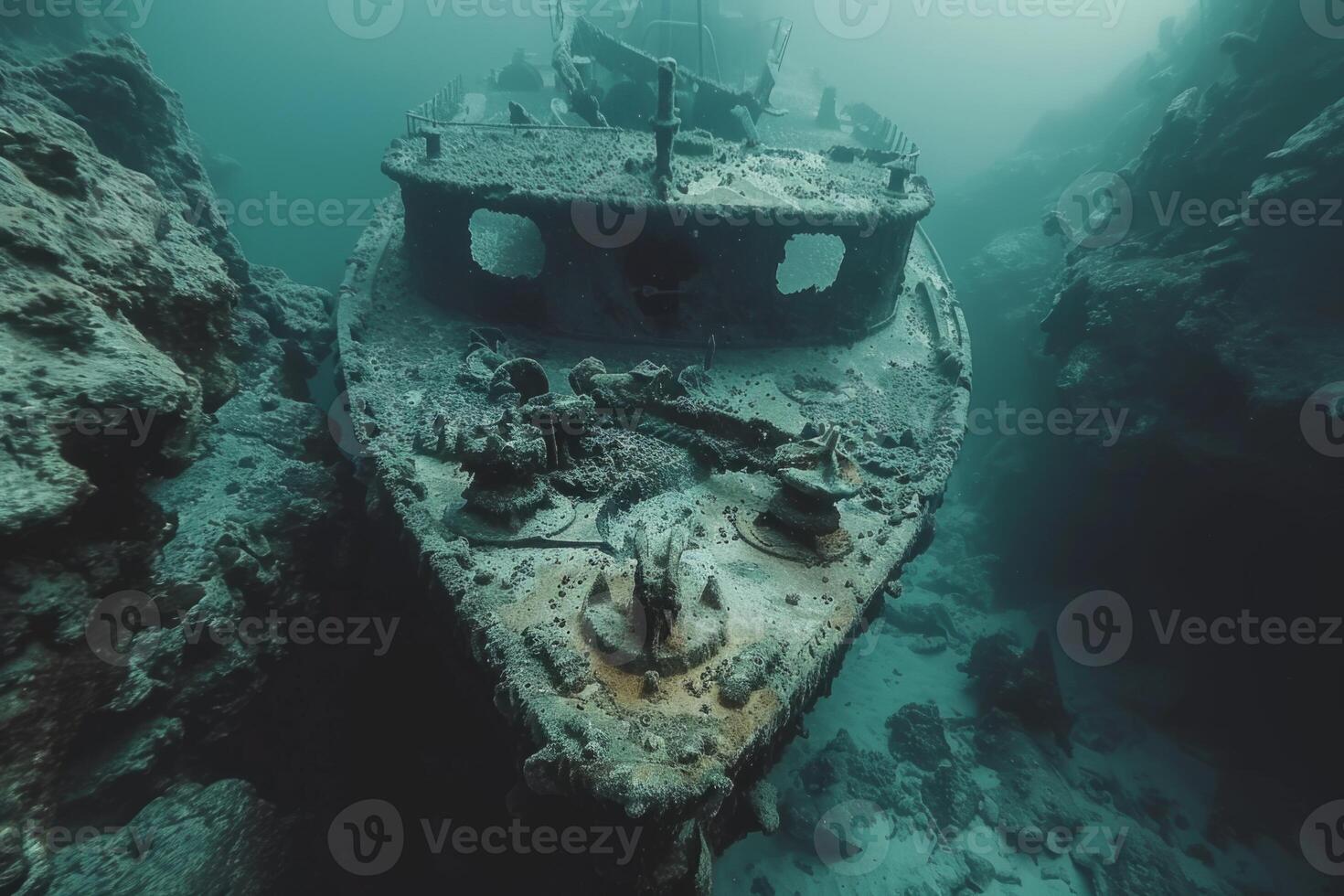 A shipwreck is seen in the ocean with a lot of debris and fish swimming around it. Scene is eerie and mysterious, as the ship is long gone and the ocean is filled with life photo