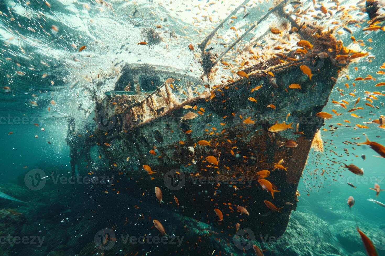 A shipwreck is seen in the ocean with a lot of debris and fish swimming around it. Scene is eerie and mysterious, as the ship is long gone and the ocean is filled with life photo