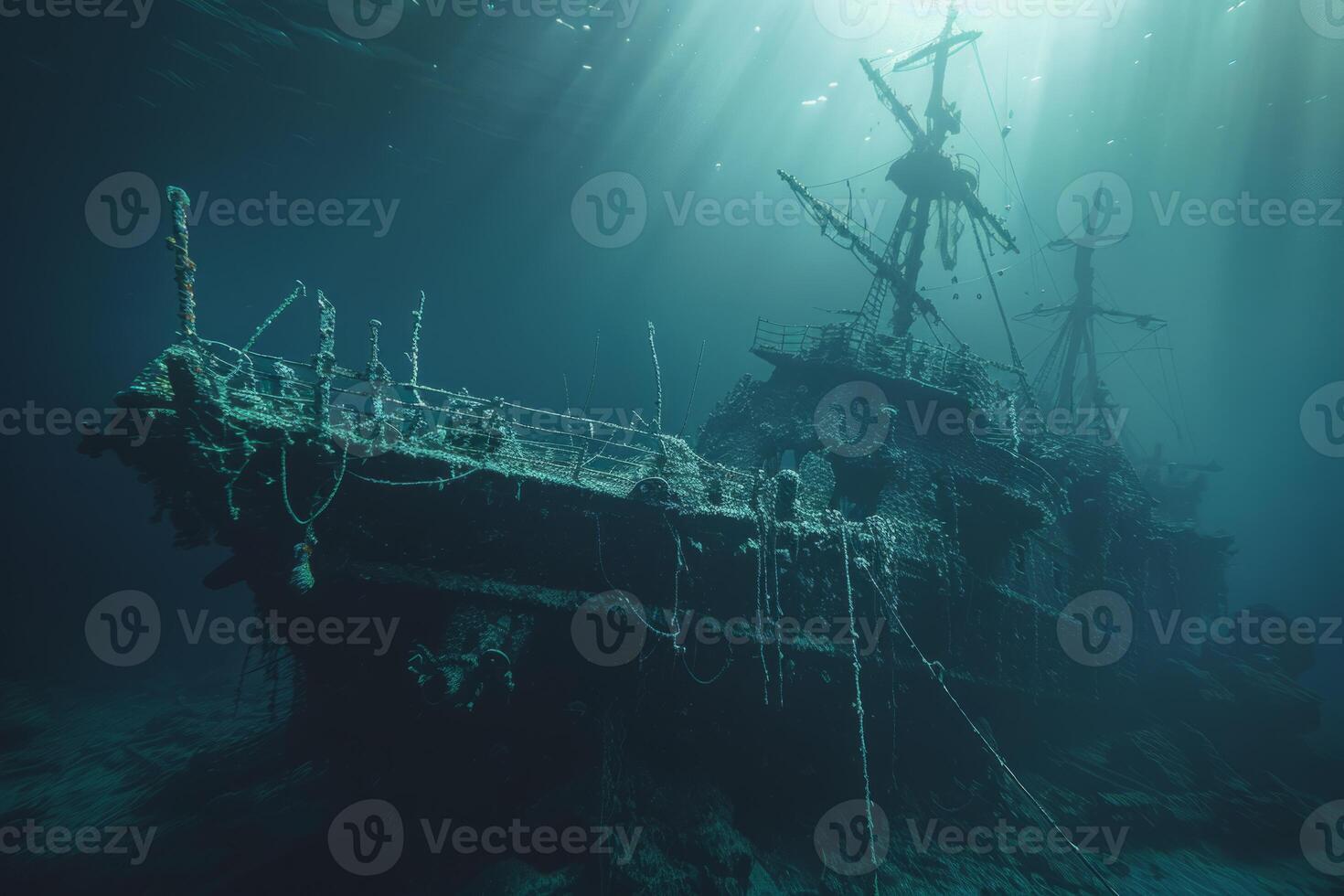 A shipwreck is seen in the ocean with a lot of debris and fish swimming around it. Scene is eerie and mysterious, as the ship is long gone and the ocean is filled with life photo
