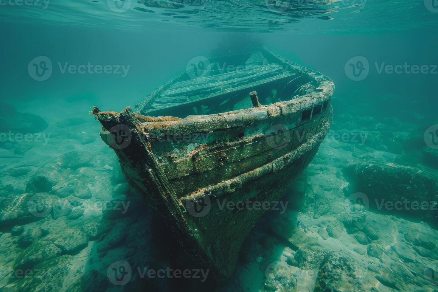A shipwreck is seen in the ocean with a lot of debris and fish swimming around it. Scene is eerie and mysterious, as the ship is long gone and the ocean is filled with life photo