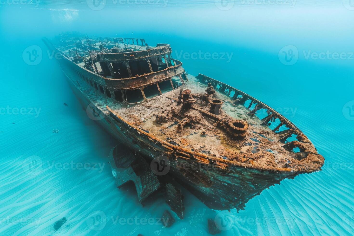 A shipwreck is seen in the ocean with a lot of debris and fish swimming around it. Scene is eerie and mysterious, as the ship is long gone and the ocean is filled with life photo