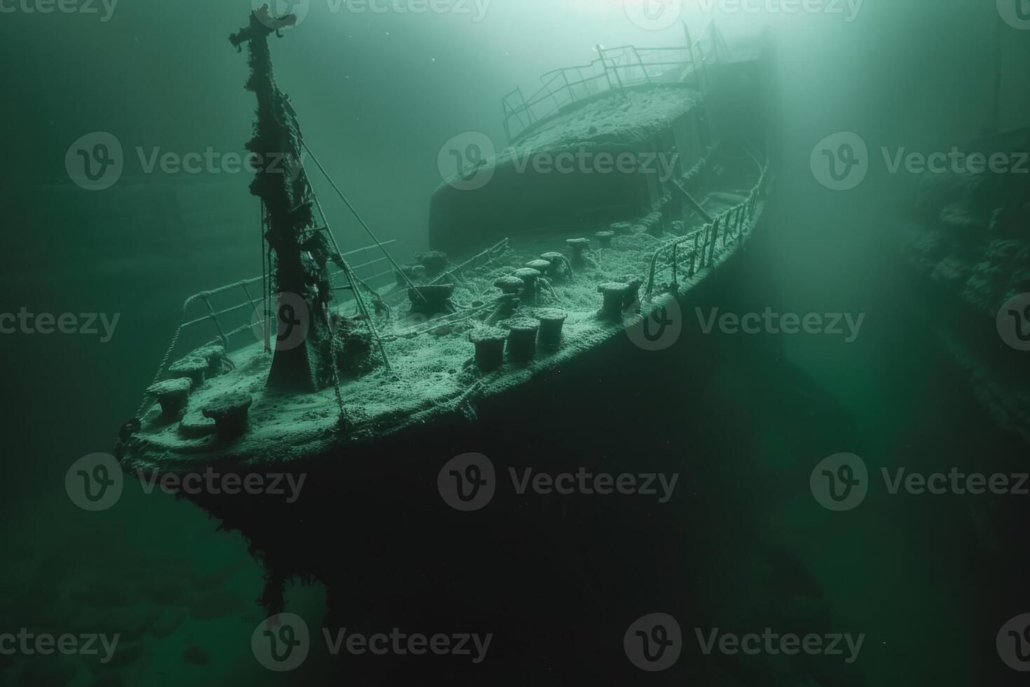 A shipwreck is seen in the ocean with a lot of debris and fish swimming around it. Scene is eerie and mysterious, as the ship is long gone and the ocean is filled with life photo