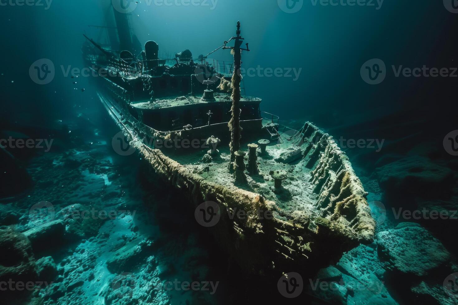 A shipwreck is seen in the ocean with a lot of debris and fish swimming around it. Scene is eerie and mysterious, as the ship is long gone and the ocean is filled with life photo