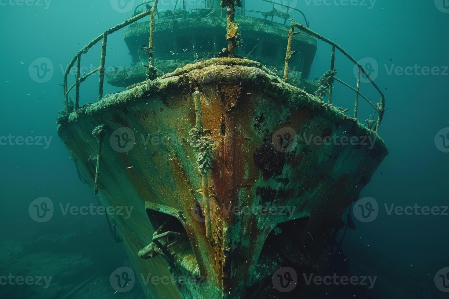 A shipwreck is seen in the ocean with a lot of debris and fish swimming around it. Scene is eerie and mysterious, as the ship is long gone and the ocean is filled with life photo