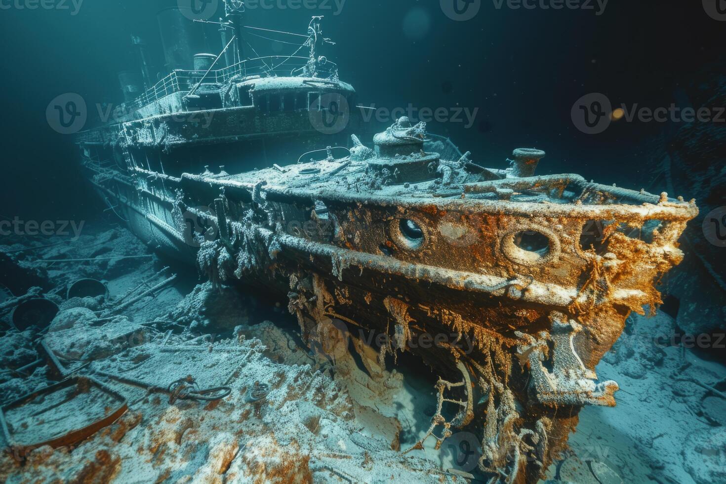 A shipwreck is seen in the ocean with a lot of debris and fish swimming around it. Scene is eerie and mysterious, as the ship is long gone and the ocean is filled with life photo