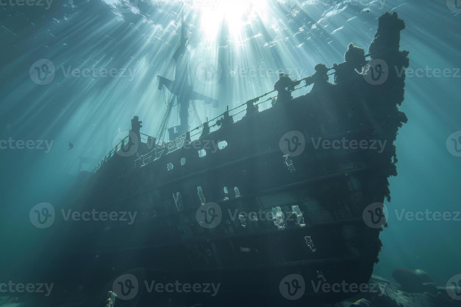 A shipwreck is seen in the ocean with a lot of debris and fish swimming around it. Scene is eerie and mysterious, as the ship is long gone and the ocean is filled with life photo