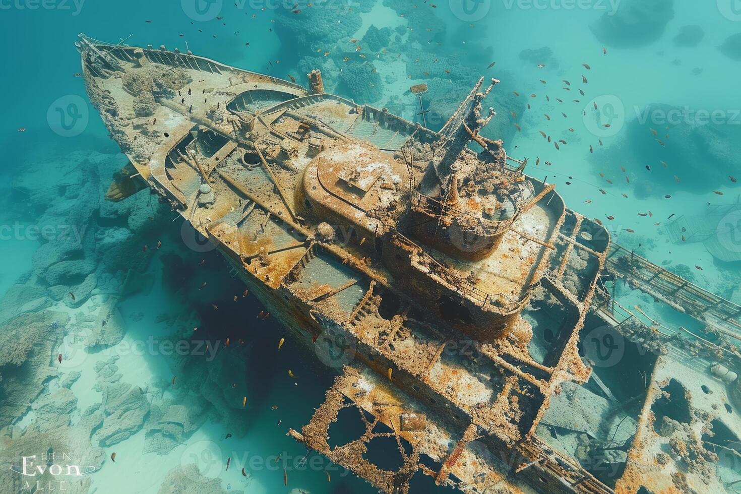 A shipwreck is seen in the ocean with a lot of debris and fish swimming around it. Scene is eerie and mysterious, as the ship is long gone and the ocean is filled with life photo