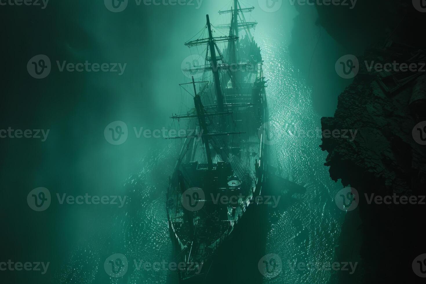 A shipwreck is seen in the ocean with a lot of debris and fish swimming around it. Scene is eerie and mysterious, as the ship is long gone and the ocean is filled with life photo