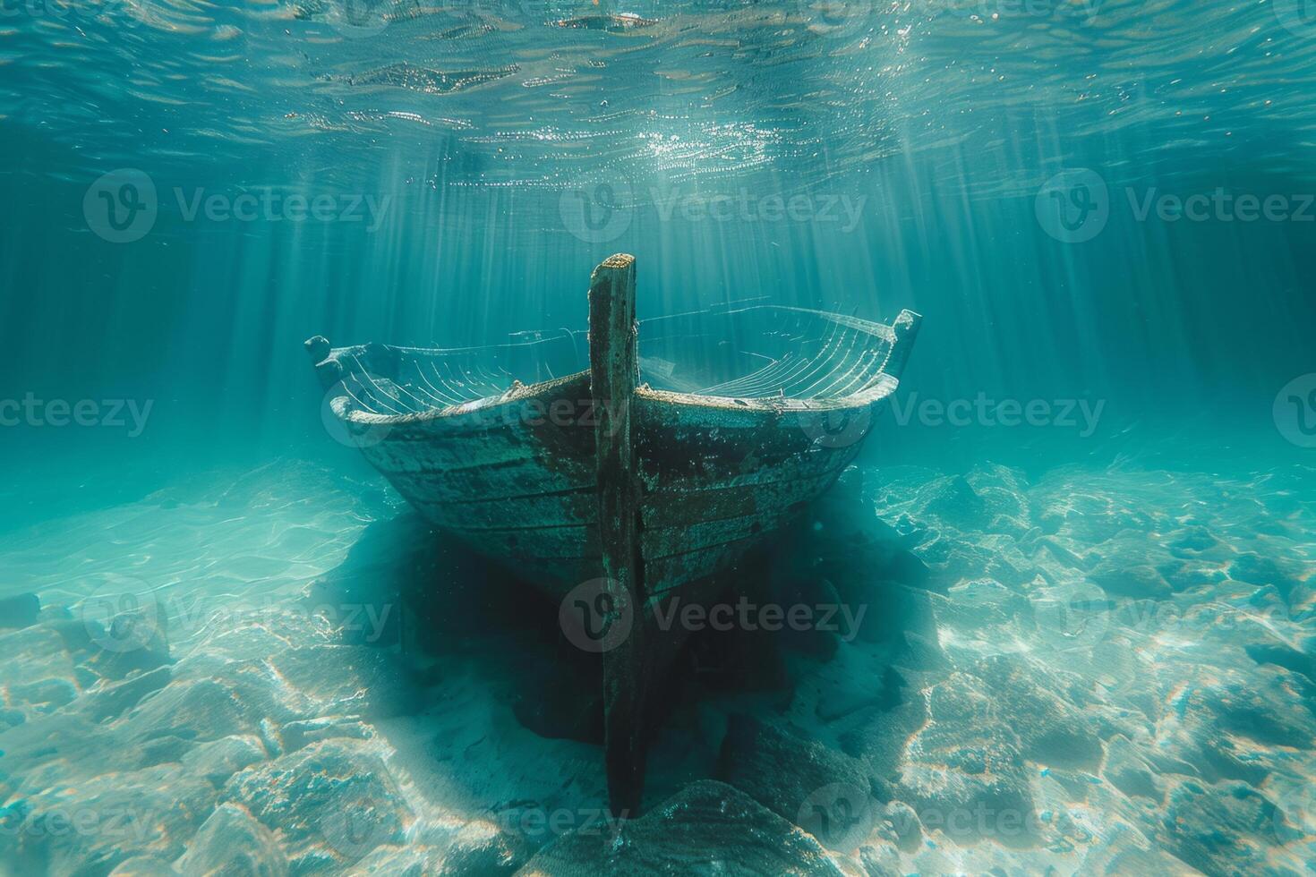 A shipwreck is seen in the ocean with a lot of debris and fish swimming around it. Scene is eerie and mysterious, as the ship is long gone and the ocean is filled with life photo