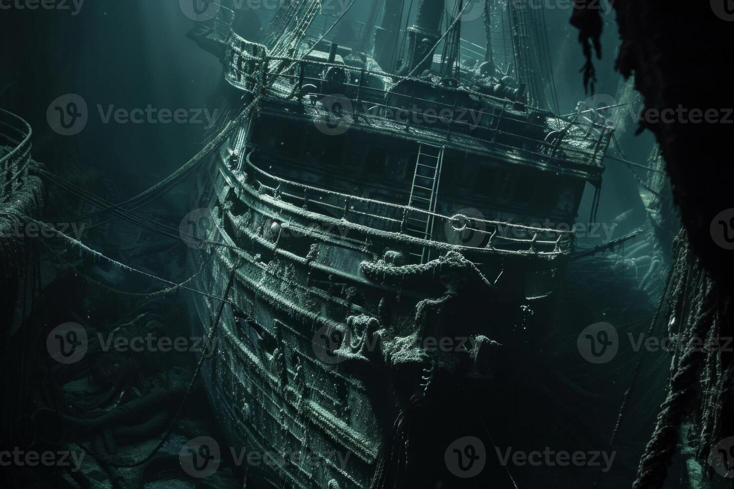 A shipwreck is seen in the ocean with a lot of debris and fish swimming around it. Scene is eerie and mysterious, as the ship is long gone and the ocean is filled with life photo