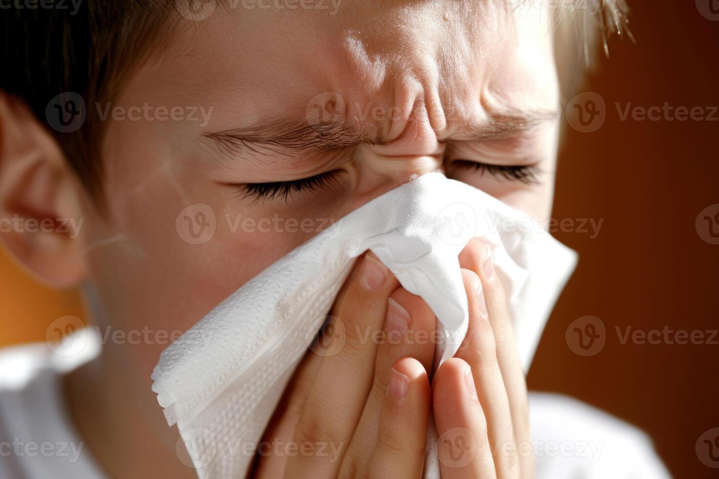 A handsome man is blowing his nose with a tissue during spring allergy season flowers blossom exhausted and uncomfortable allergens in air disease and sickness photo
