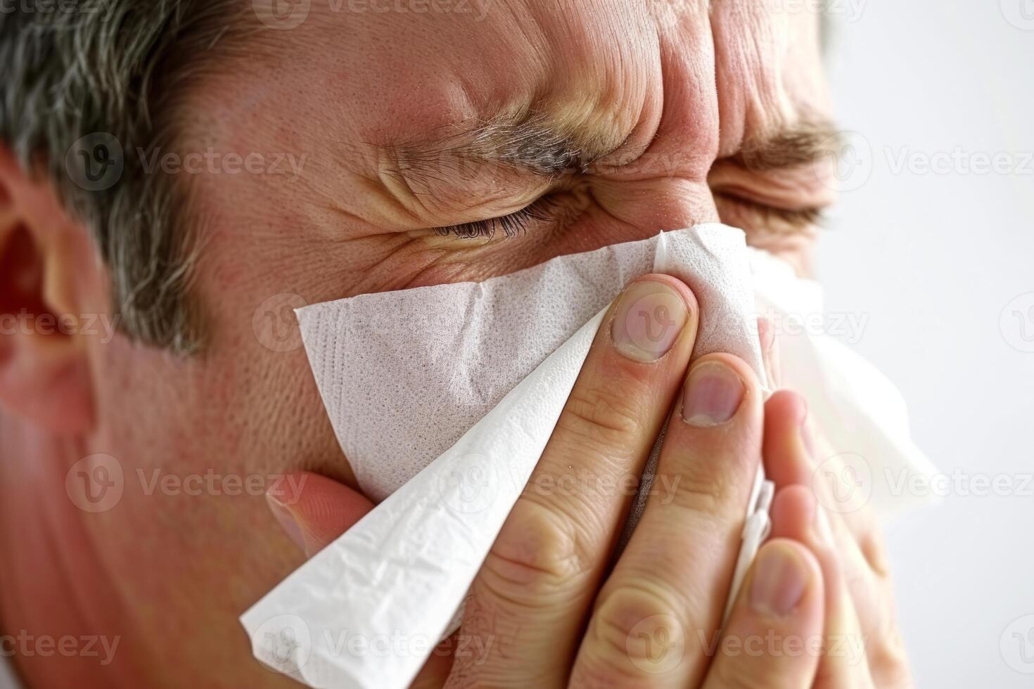 A handsome man is blowing his nose with a tissue during spring allergy season flowers blossom exhausted and uncomfortable allergens in air disease and sickness photo