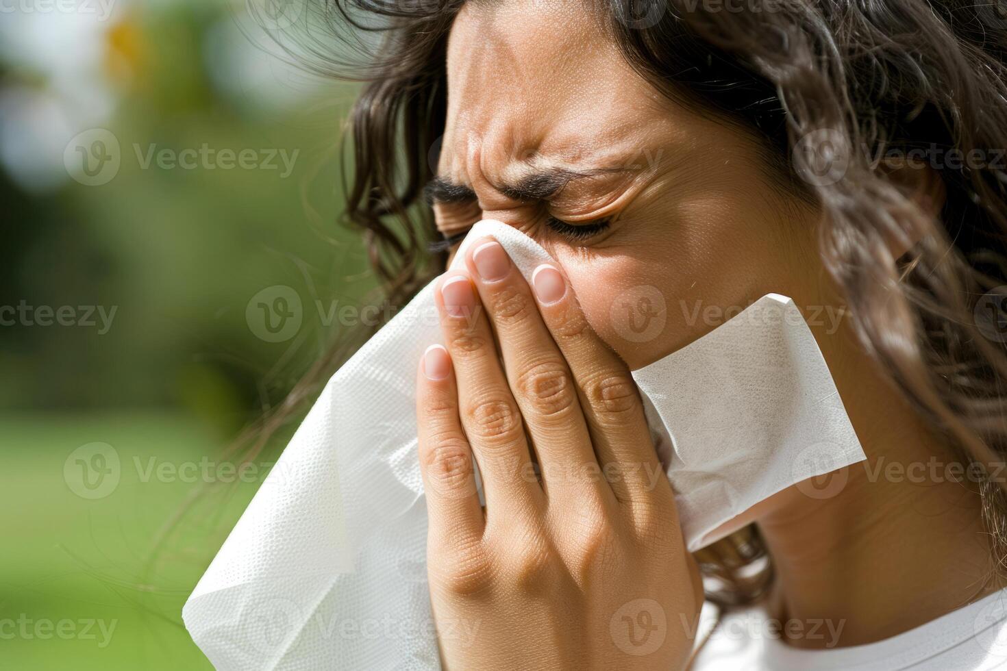 A handsome man is blowing his nose with a tissue during spring allergy season flowers blossom exhausted and uncomfortable allergens in air disease and sickness photo
