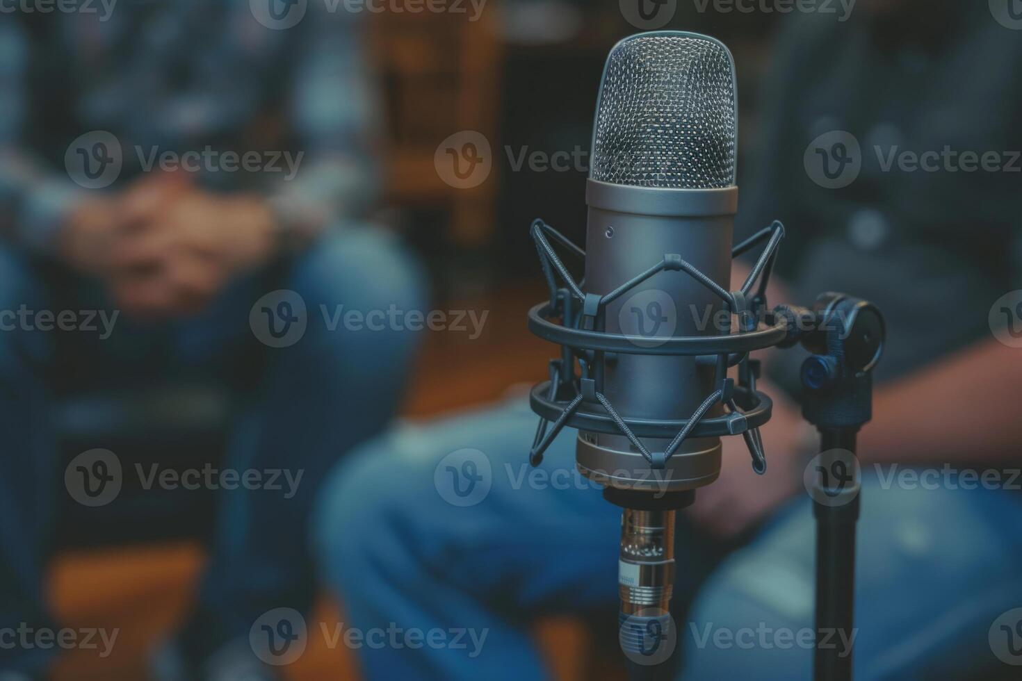 Professional microphone studio podcast stream interview platform radio with micrecording voice singing in bright record studio audio quality equipment content music media entertainment photo