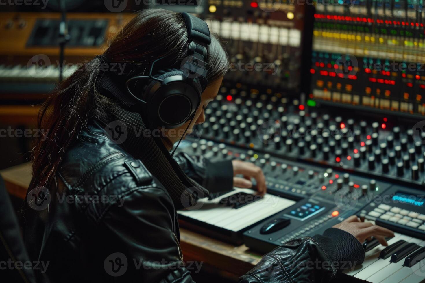Professional singer podcast streamer interview radio with microphone recording voice singing in bright record studio audio quality equipment content musician media performer entertainment photo