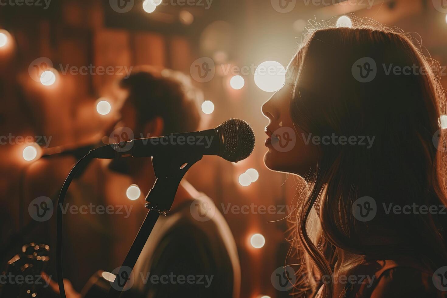 Professional singer podcast streamer interview radio with microphone recording voice singing in bright record studio audio quality equipment content musician media performer entertainment photo