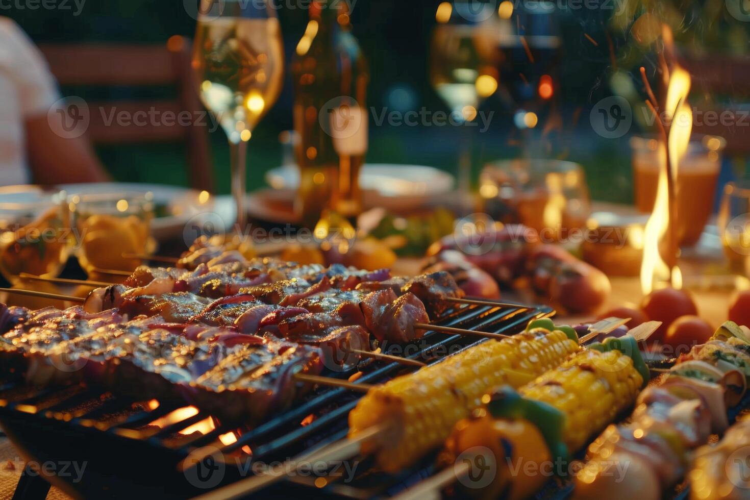 Close friends hanging out together bbq party backyard spring summer food preparation tasty dinner grilled meat vegetables open flame steak lunch enjoyment joy friendship colleagues family photo