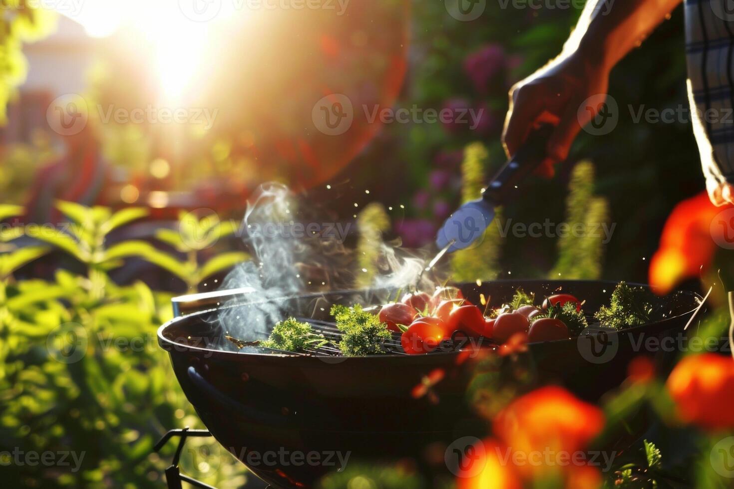 Close friends hanging out together bbq party backyard spring summer food preparation tasty dinner grilled meat vegetables open flame steak lunch enjoyment joy friendship colleagues family photo