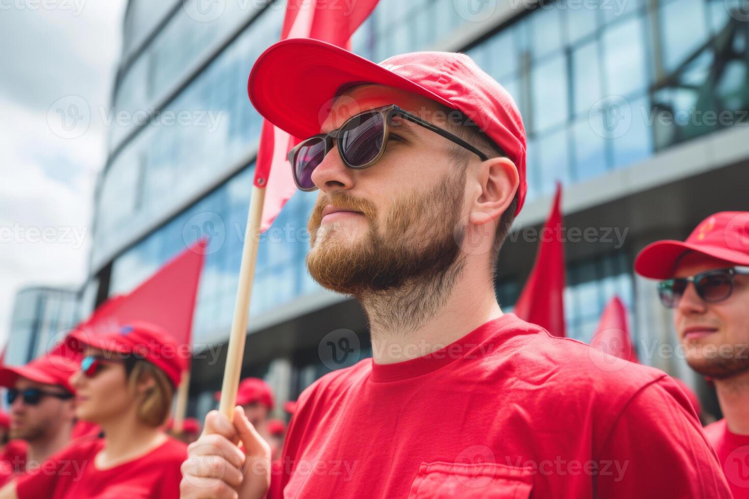 Labor day happy workers marching labour public event May 1 celebration banner demonstration worker activist crowd march solidarity union movement work employee equality equity ceremony photo