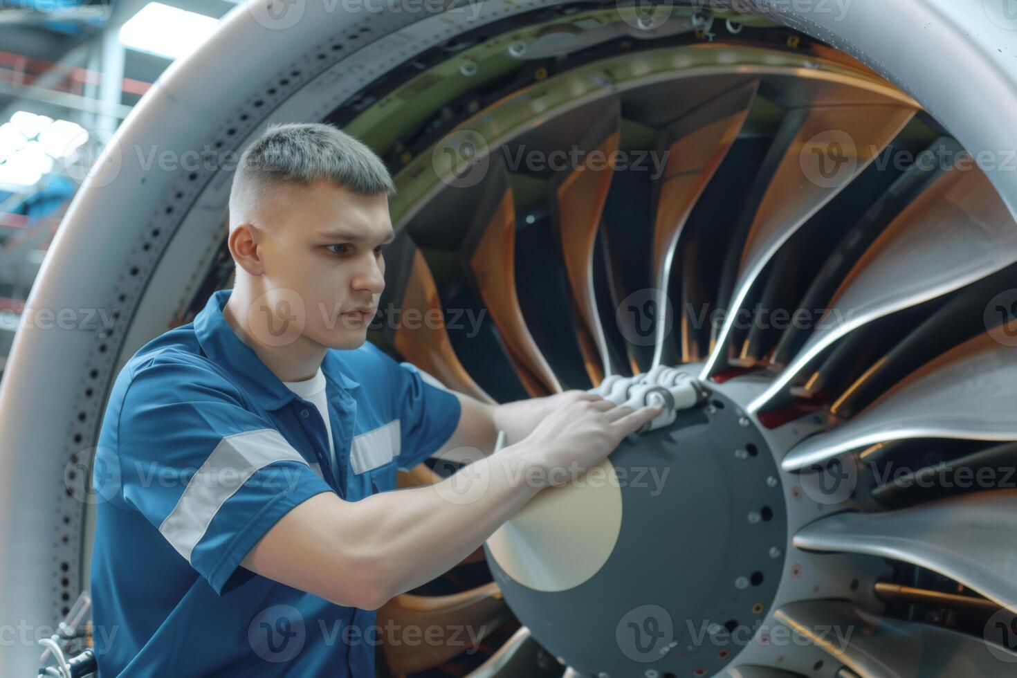 Skilled young airplane mechanic plane check engine avionics hangar industry technology experienced engineer safety scheduled maintenance transportation jet airport repair inspection photo