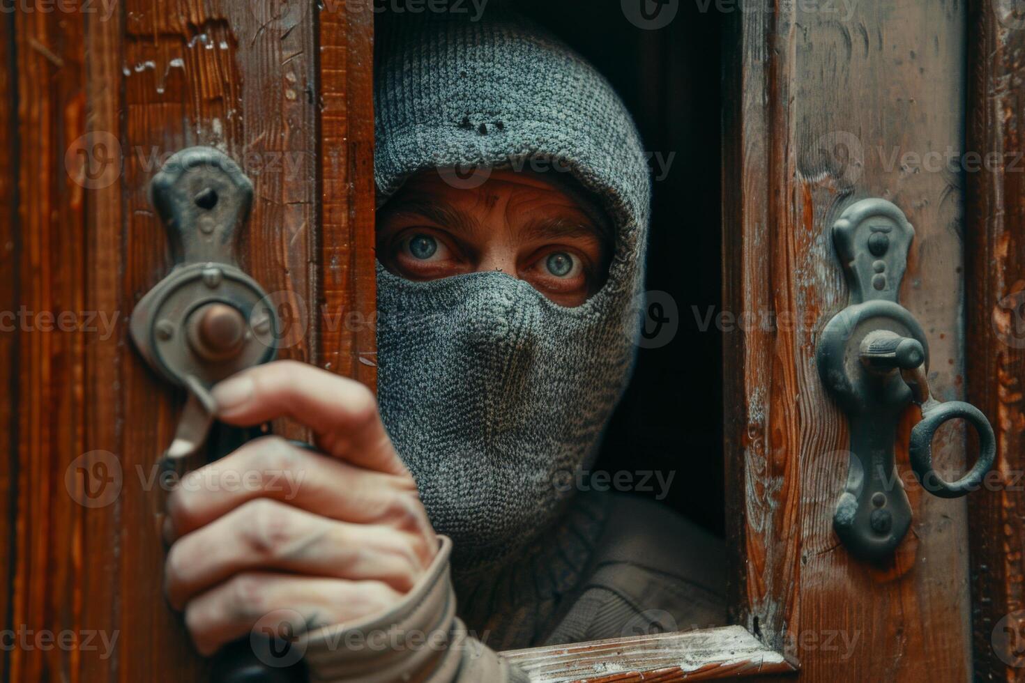 Burglar thief robbing house criminal activity robbery burglary mask crime scene stealing mugger security risk cctv camera catch illegal activity dangerous evil violence gun balaclava photo