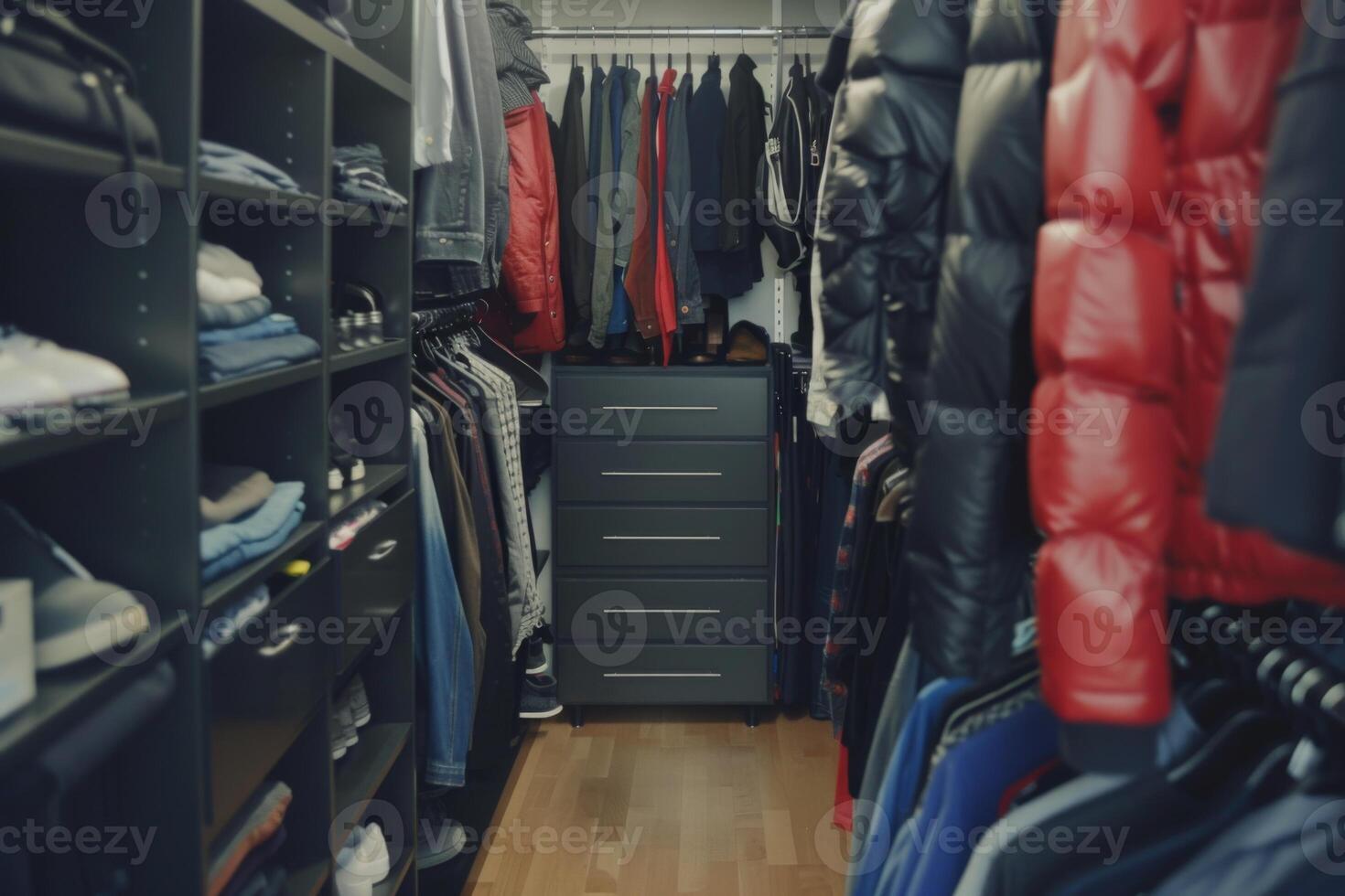 Stylish home wardrobe fashion aesthetic beauty thrifted clothing vintage modern luxury clothes garments room in apartment design lifestyle rack to choose dress hanging shirt pants jeans photo