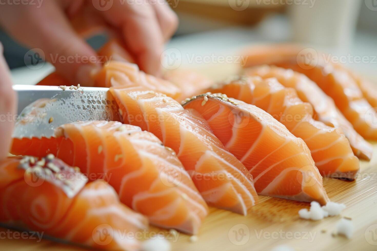 Skilled experienced japanese master chef preparing sushi rolls traditional cuisine restaurant bistro slicing fresh salmon fish tasty delicious gourmet dish seafood rice cook preparing photo