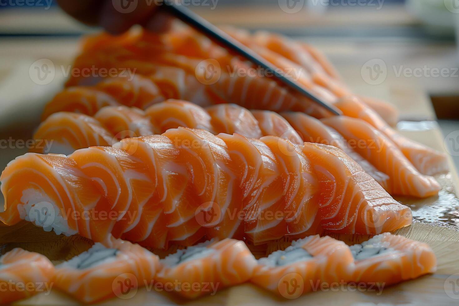Skilled experienced japanese master chef preparing sushi rolls traditional cuisine restaurant bistro slicing fresh salmon fish tasty delicious gourmet dish seafood rice cook preparing photo