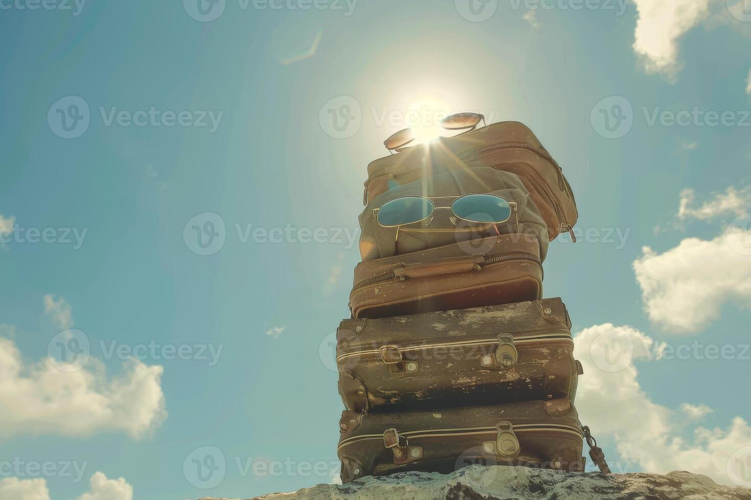 Tourist travel bags on a simple background summer season holiday vacation travelling exploring cultures countries luggage baggage travel agency trip journey tour concept sunbathing beach photo