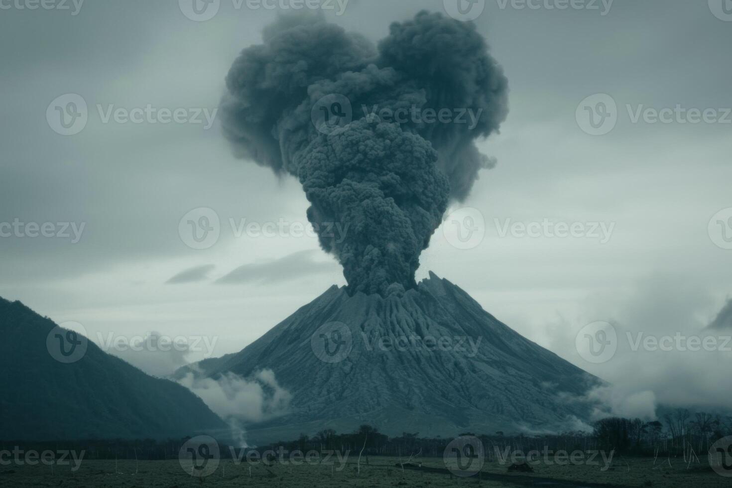 Volcanic eruption volcano erupting with smoke ashes old mountain peak sky covered with fumes natural disaster catastrophe exploding explosion national park lava photo