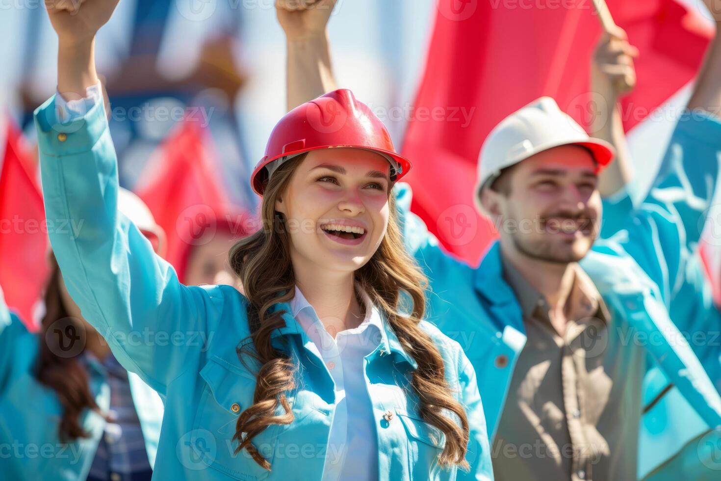 Labor day happy workers marching labour public event May 1 celebration banner demonstration worker activist crowd march solidarity union movement work employee equality equity ceremony photo