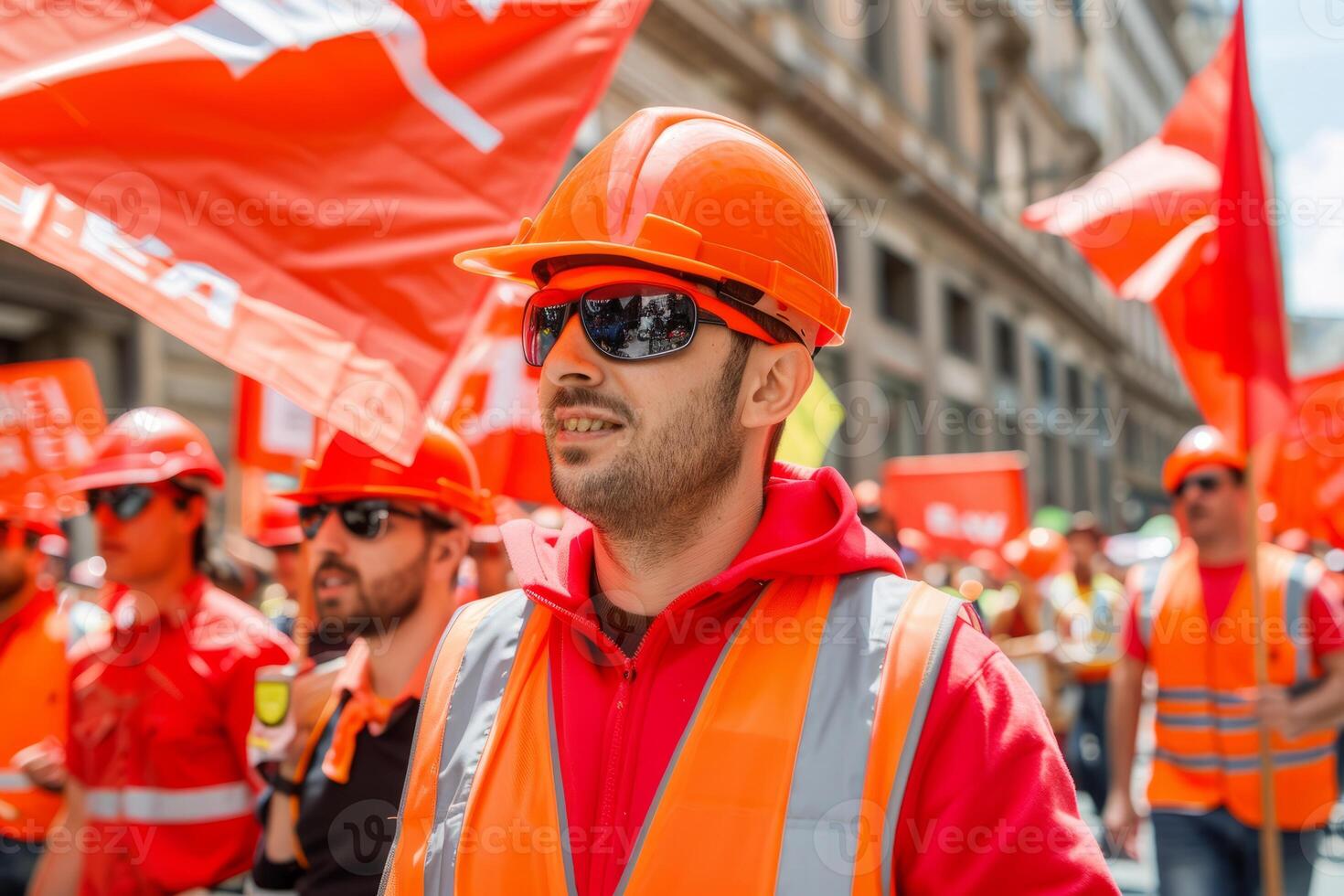 Labor day happy workers marching labour public event May 1 celebration banner demonstration worker activist crowd march solidarity union movement work employee equality equity ceremony photo
