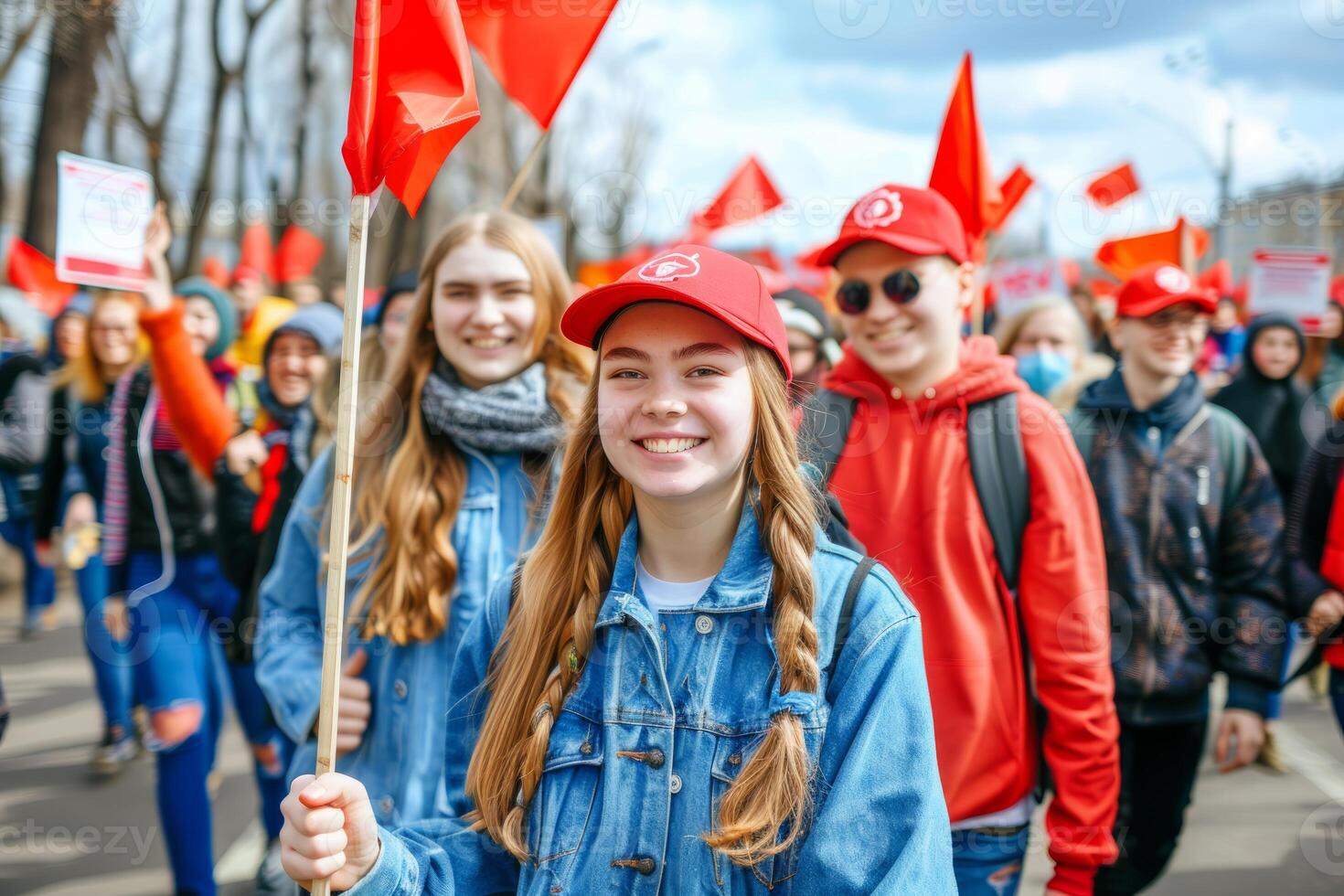 Labor day happy workers marching labour public event May 1 celebration banner demonstration worker activist crowd march solidarity union movement work employee equality equity ceremony photo