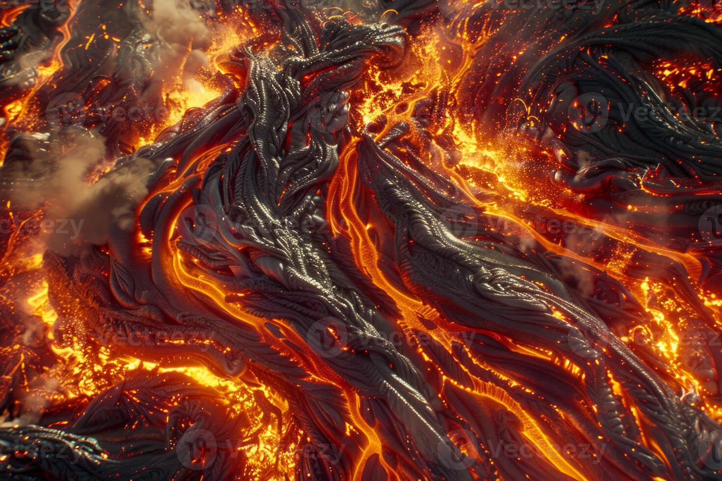 Hot molten lava streaming volcano eruption stream hot boiling magma venus other planet surface destruction flowing fire flame heat danger glowing cosmic photo