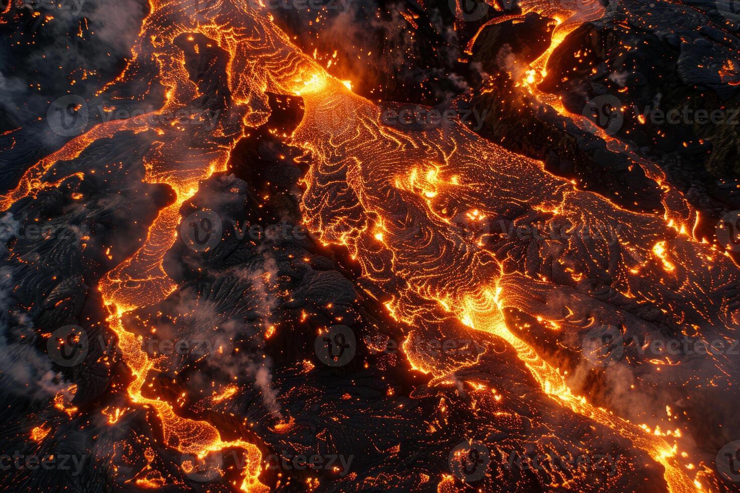 Hot molten lava streaming volcano eruption stream hot boiling magma venus other planet surface destruction flowing fire flame heat danger glowing cosmic photo