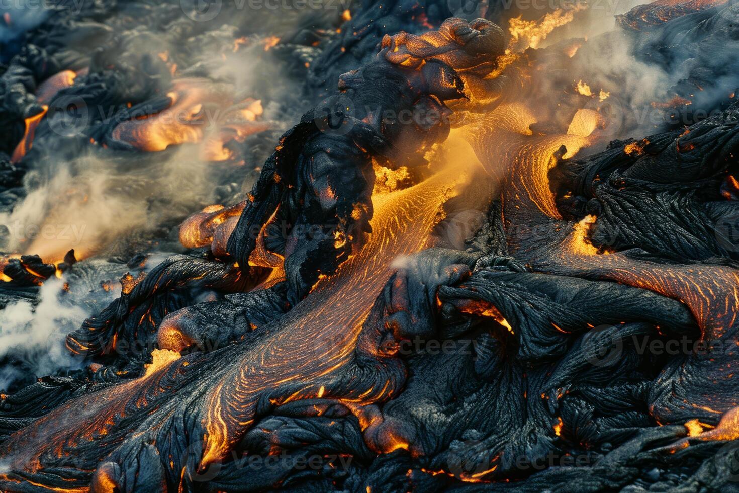 Hot molten lava streaming volcano eruption stream hot boiling magma venus other planet surface destruction flowing fire flame heat danger glowing cosmic photo