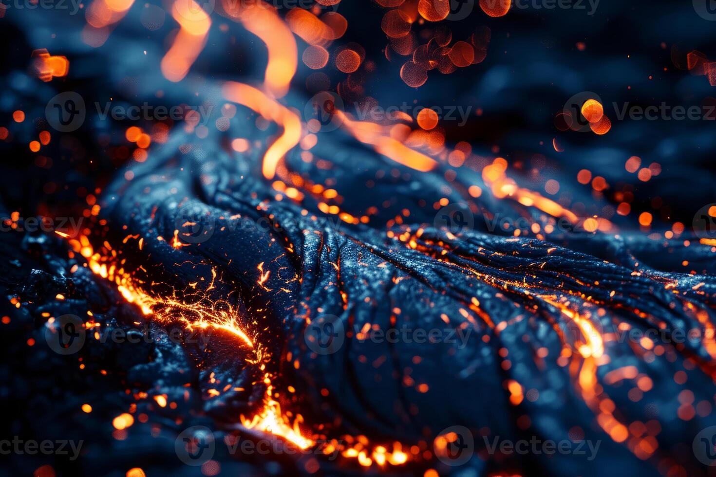 Hot molten lava streaming volcano eruption stream hot boiling magma venus other planet surface destruction flowing fire flame heat danger glowing cosmic photo