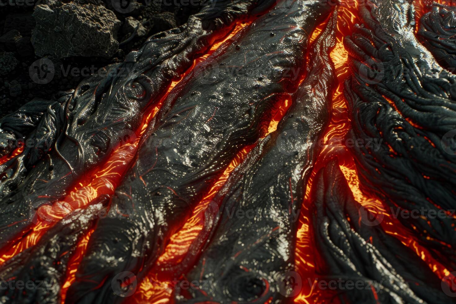 Hot molten lava streaming volcano eruption stream hot boiling magma venus other planet surface destruction flowing fire flame heat danger glowing cosmic photo