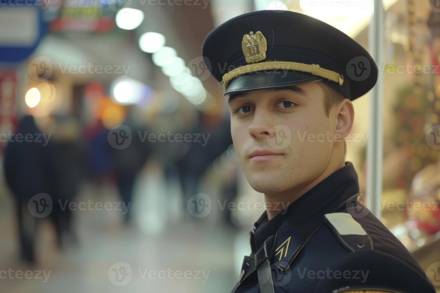 Security guard professional safety patrol man police employee mall safe business protect serve confident authority public space secure guarding agent staff shop convenience store grocery photo