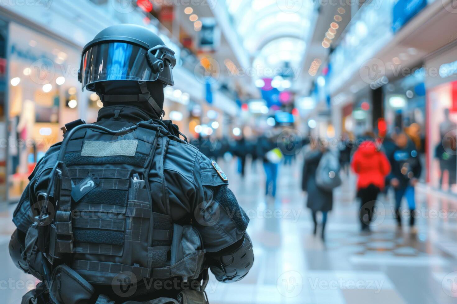 Security guard professional safety patrol man police employee mall safe business protect serve confident authority public space secure guarding agent staff shop convenience store grocery photo