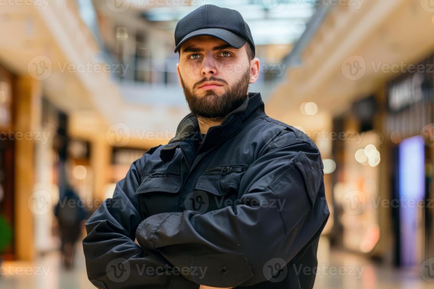 Security guard professional safety patrol man police employee mall safe business protect serve confident authority public space secure guarding agent staff shop convenience store grocery photo