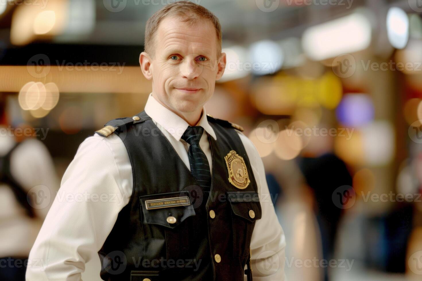 Security guard professional safety patrol man police employee mall safe business protect serve confident authority public space secure guarding agent staff shop convenience store grocery photo
