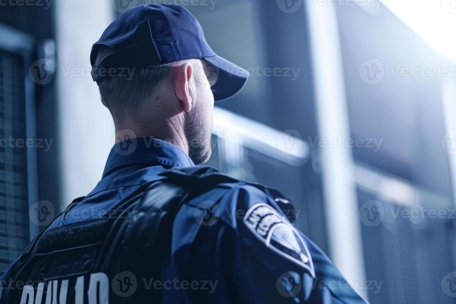 Security guard professional safety patrol man police employee mall safe business protect serve confident authority public space secure guarding agent staff shop convenience store grocery photo