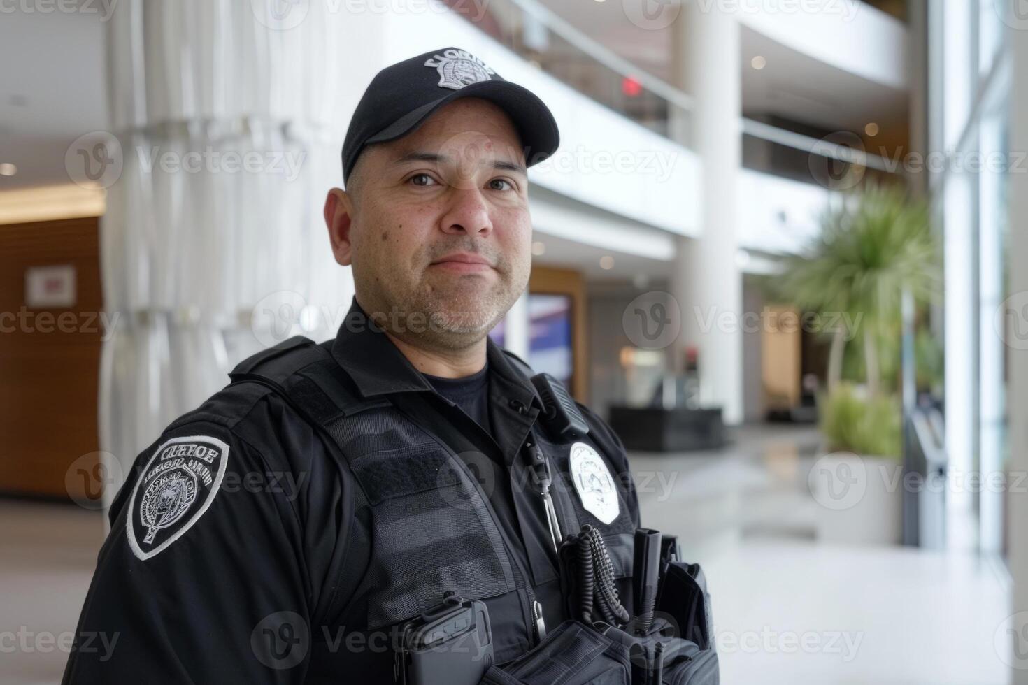 Security guard professional safety patrol man police employee mall safe business protect serve confident authority public space secure guarding agent staff shop convenience store grocery photo