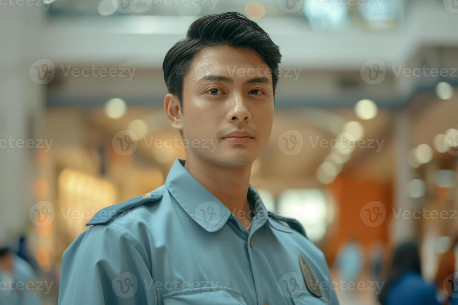 Security guard professional safety patrol man police employee mall safe business protect serve confident authority public space secure guarding agent staff shop convenience store grocery photo